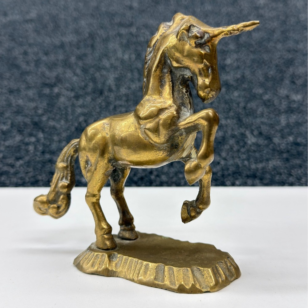 Vintage Solid Brass Unicorn Figurine Rearing Mythical Horse Statue Decor 4.5"